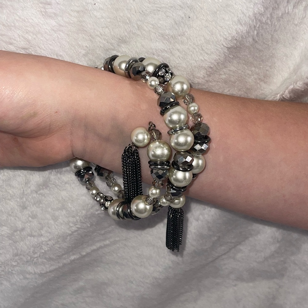 Pearl and Hematite Bead Wrap Bracelet - White and Silver